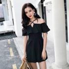 Short-sleeve Cold-shoulder Striped Romper