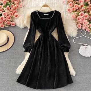 Square Neck Corduroy A-line Dress