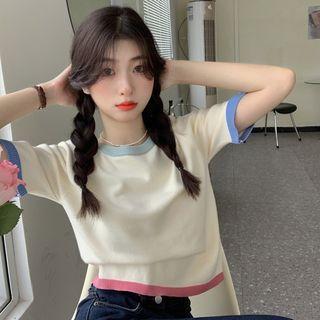 Short-sleeve Contrast Trim Knit Top Milky White - One Size