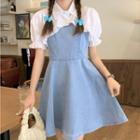 Short-sleeve Ruffle Trim Shirt / Denim Overall Dress