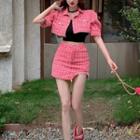 Puff-sleeve Houndstooth Cropped Jacket / Asymmetrical Mini Pencil Skirt