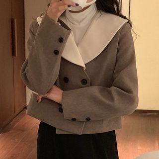 Color Block Collar Double-breasted Jacket Light Gray - One Size