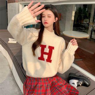 Mock-neck Lettering Jacquard Sweater