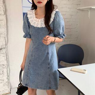 Puff-sleeve Lace Ruffle A-line Denim Dress Denim Blue - One Size