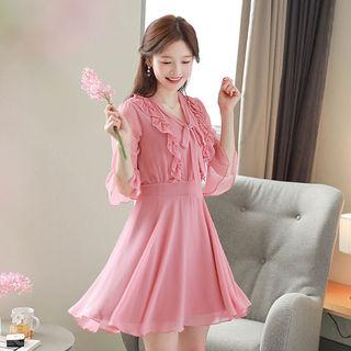 Tie-neck Frill-trim Flared Chiffon Dress