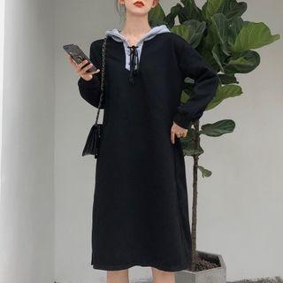 Contrast Hooded Lace-up Dress Black - One Size