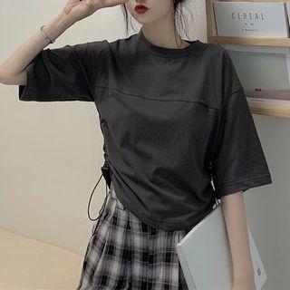 Elbow-sleeve Drawstring Plain T-shirt