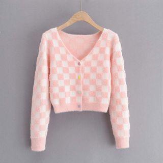 V-neck Checkerboard Print Cropped Cardigan