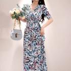 Short-sleeve Floral Printed V-neck Slit Dress