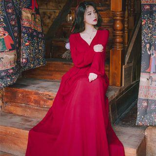 Long-sleeve V-neck Buttoned Maxi Dress
