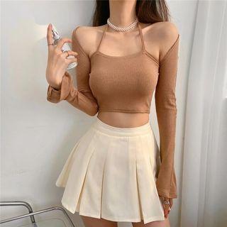 Set: Halter-neck Ribbed Crop Top + Shrug