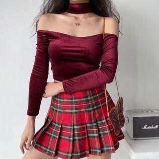 Cropped Velvet Halter Off-shoulder Top