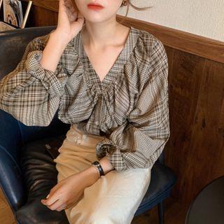 V-neck Plaid Blouse Plaid - Brown - One Size