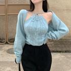 Set: Halter Strap Cable Knit Top + Long Sleeve Cape Top / High Waist Wide Leg Pants
