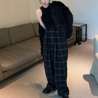 Fluffy Crop Tank Top / Plaid Wide Leg Pants