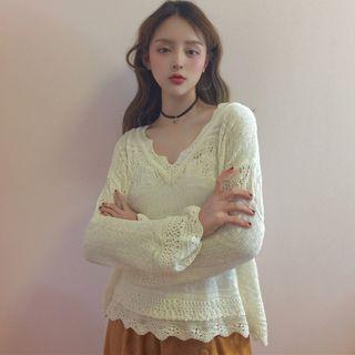 V-neck Bell Sleeve Perforated Sweater