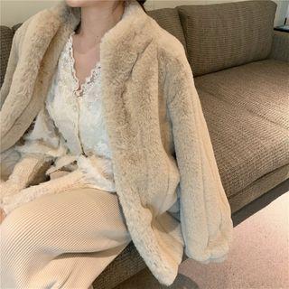 Faux Fur Coat / Lace Trim Blouse / Wide-leg Pants