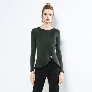Crewneck Sweater Fringed Plain Slim Sweater