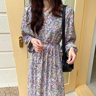 Long-sleeve Flower Print Midi A-line Dress Purple & White - One Size