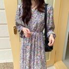 Long-sleeve Flower Print Midi A-line Dress Purple & White - One Size