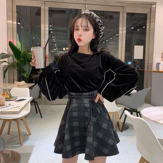 Cropped Embroidered Pullover / Mini A-line Plaid Skirt