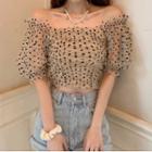 Puff-sleeve Off-shoulder Dotted Mesh Top Almond - One Size