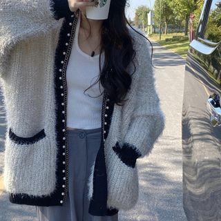 Faux Pearl & Chain Furry Cardigan Light Gray - One Size