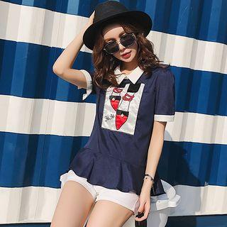 Applique Short Sleeve Collared Top