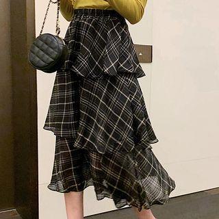 Plaid Midi A-line Layered Skirt