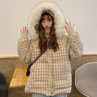 Long-sleeve Plaid Furry Hooded Padded Coat