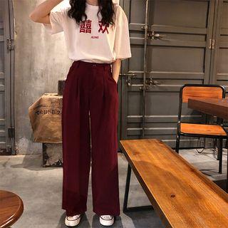 Elbow-sleeve Chinese Character T-shirt / Wide-leg Pants