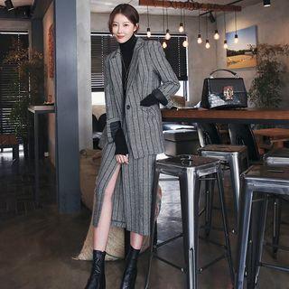 Set: Single-breast Stripe Blazer + Slit-front Skirt