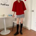 Elbow-sleeve Plain Knit Top / High-waist Plaid Mini Skirt