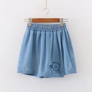 Bear Embroidered Mini A-line Denim Skort