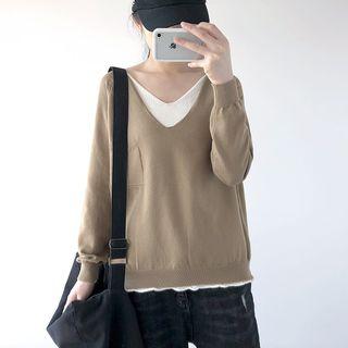 Plain Mock Two Piece Long-sleeve Sweater