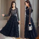 V-neck Frayed Lace A-line Dress