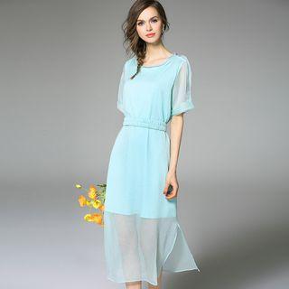 Short-sleeve Belted Silk Dress
