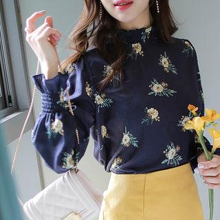 Smocked-neck Floral Crepe Blouse
