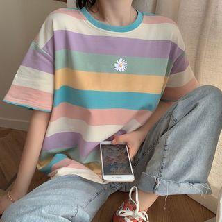 Short-sleeve Striped Flower Embroidered T-shirt
