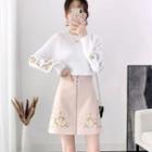Set: Embroidered Loose-fit Knit Top + Zip-front Skirt