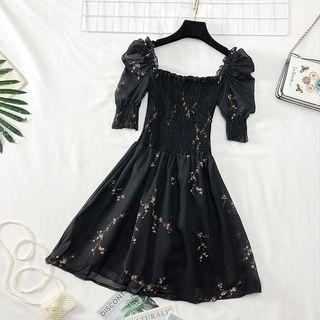 Boatneck Floral Chiffon Dress Black - One Size
