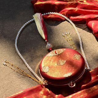Round Patterned Faux Pearl Strap Crossbody Bag