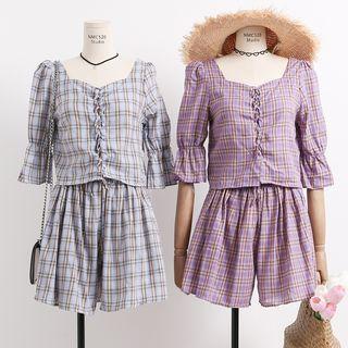 Set: Square-neck Plaid Top + Shorts