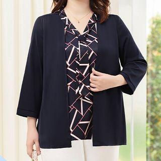 Mock Two-piece 3/4-sleeve Print Panel Blouse