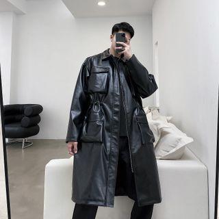 Long-sleeve Faux Leather Cargo Long Jacket