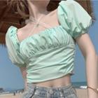 Puff-sleeve Plain Ruched Cropped Top