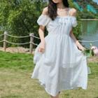Off-shoulder Plain Layer Dress White - One Size