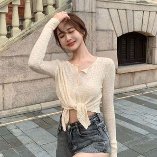 Long-sleeve Tie-front Crop Top As Shown In Figure - One Size