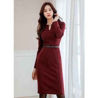 Cutout Belted Sheath Dress With Brooch