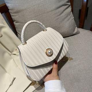 Striped Faux Pearl Buttoned Crossbody Bag